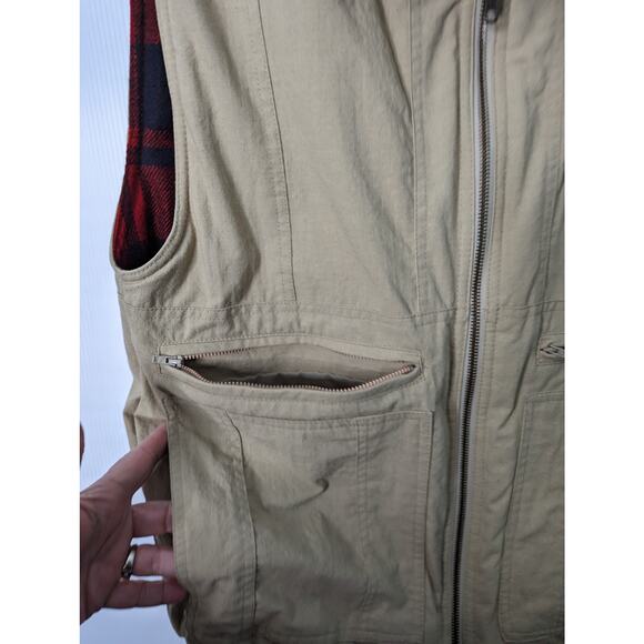 Vintage 80's Men's  St Johns Bay Tan Utility Vest Buffalo Plaid Lining SEE Meas. - Picture 7 of 11